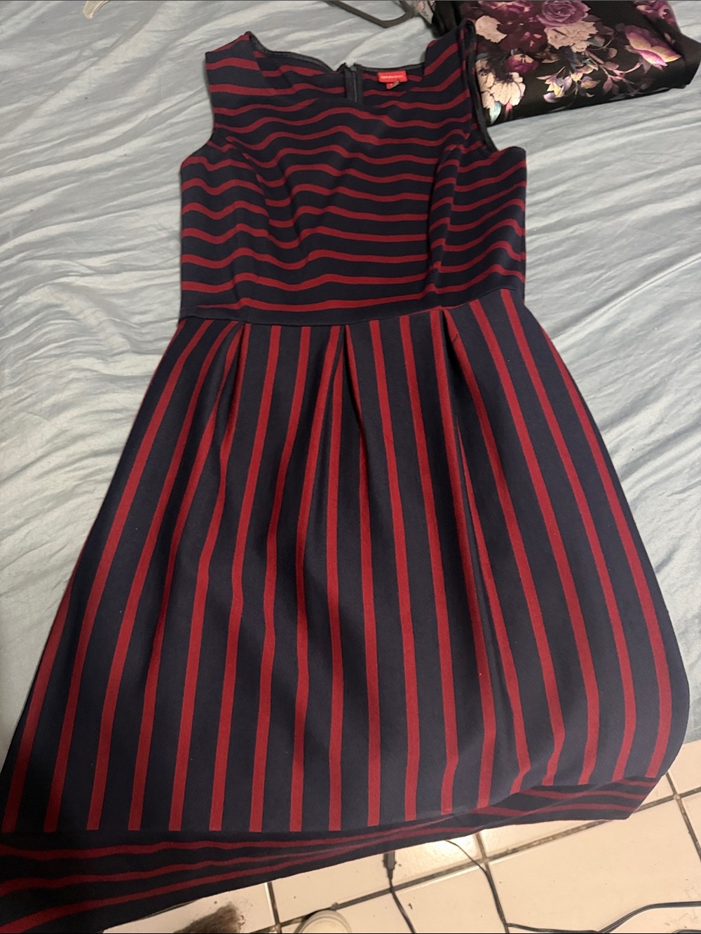 Merona Navy and Burgundy Striped Sleeveless Fit-and-Flare Dress